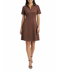 Maggy London Short Sleeve Collared V-Neck Suede Fit-And-Flare Dress