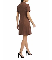 Maggy London Short Sleeve Collared V-Neck Suede Fit-And-Flare Dress