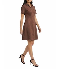 Maggy London Short Sleeve Collared V-Neck Suede Fit-And-Flare Dress