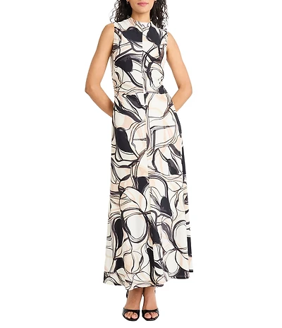 Maggy London Sketch Print Matte Jersey Mock Neck Sleeveless Dress