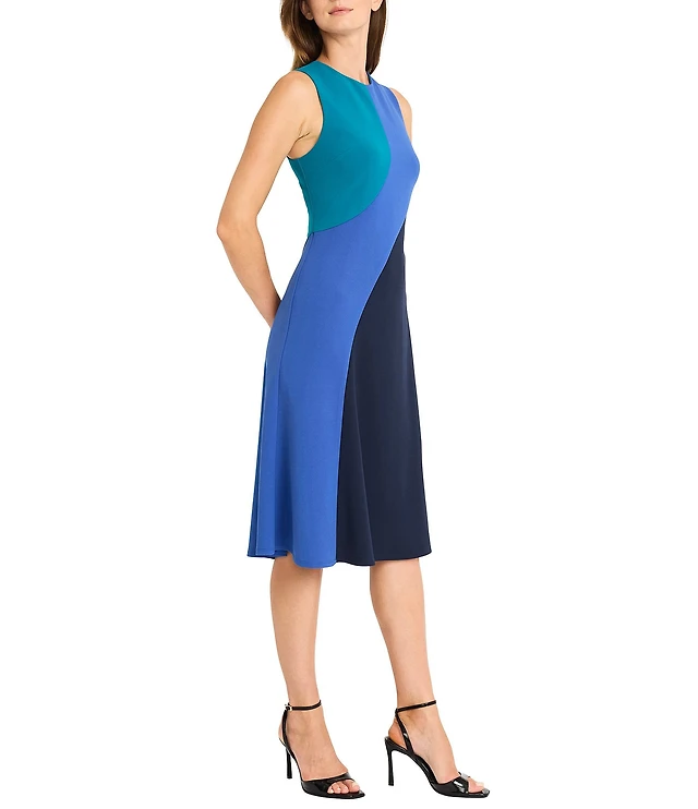 short sleeve boat neck color block scuba midi sheath dress Tommy Hilfiger Women's Sleeveless Color Block Scuba Crepe Sheath Dress