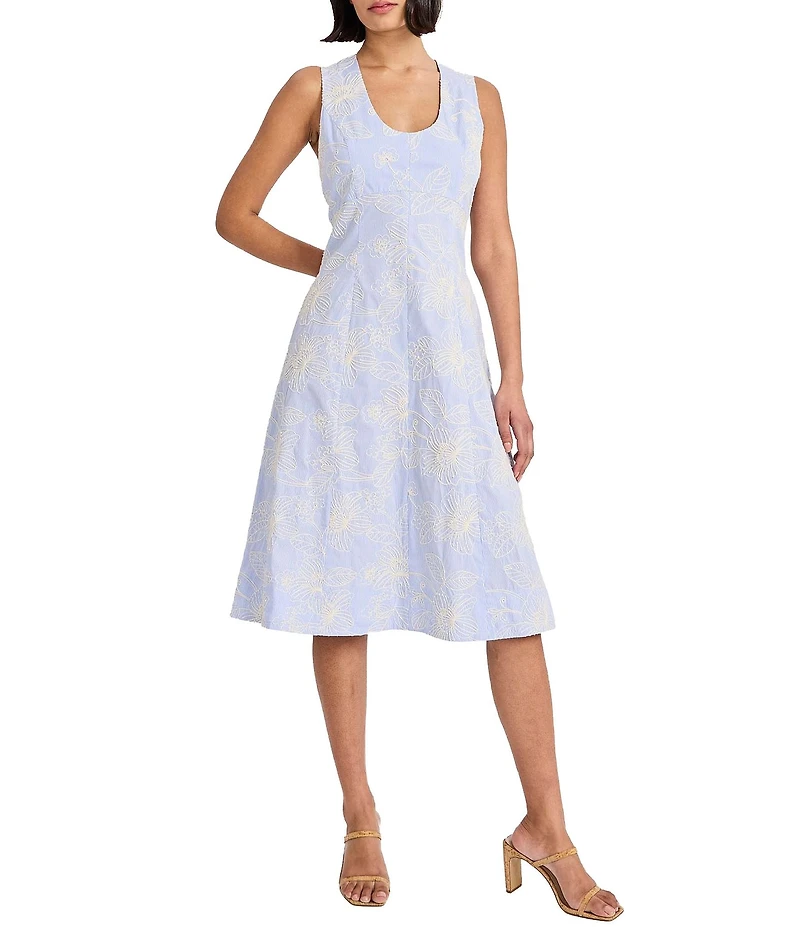 Maggy London Sleeveless Scoop Neck Embroidered Cotton Midi Dress