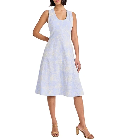 Maggy London Sleeveless Scoop Neck Embroidered Cotton Midi Dress
