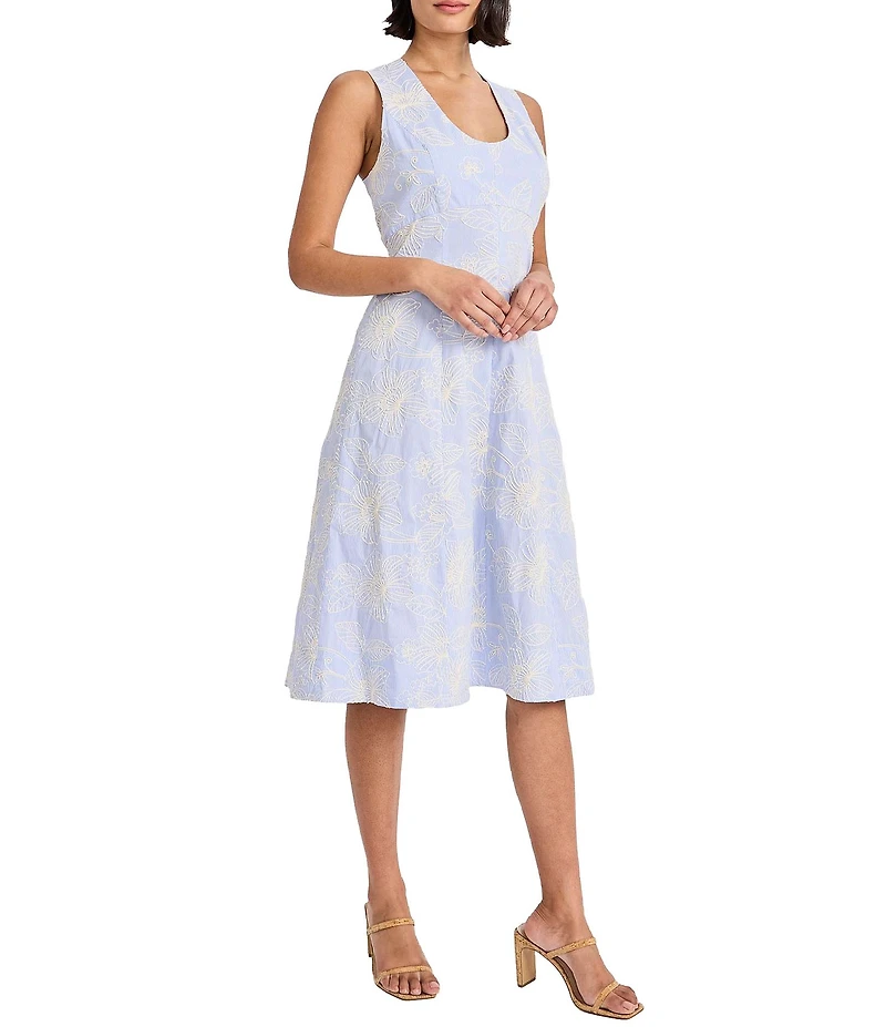 Maggy London Sleeveless Scoop Neck Embroidered Cotton Midi Dress