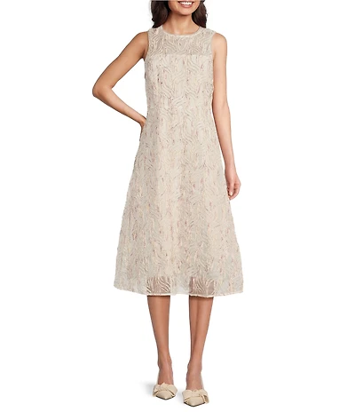 Maggy London Soutache Embroidered Organza Crew Neck Sleeveless A-Line Midi Dress