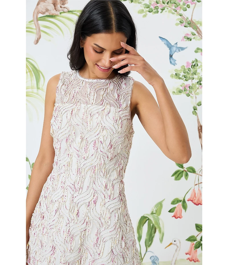 Maggy London Soutache Embroidered Organza Crew Neck Sleeveless A-Line Midi Dress