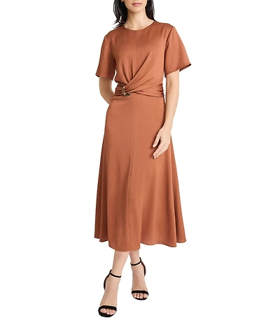 Maggy London Stain Crew Neck Short Sleeve Twist Front Waist A-Line Midi Dress