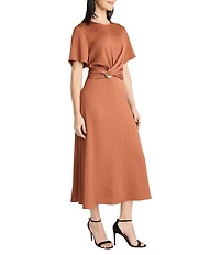 Maggy London Stain Crew Neck Short Sleeve Twist Front Waist A-Line Midi Dress