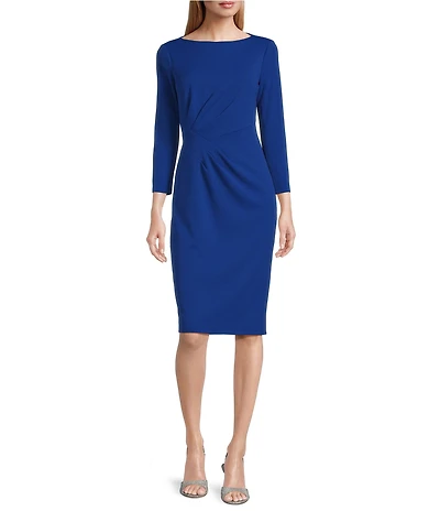 Maggy London Stretch Boat Neck 3/4 Sleeve Pleated Knot Waist Detailed Sheath Dress