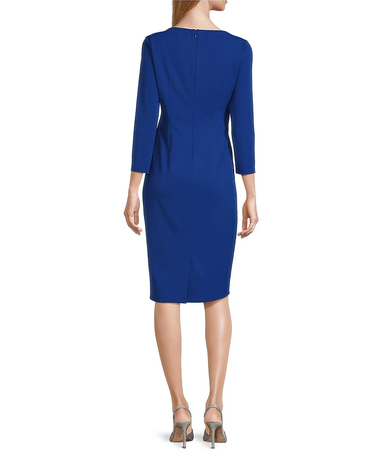Maggy London Stretch Boat Neck 3/4 Sleeve Pleated Knot Waist Detailed Sheath Dress