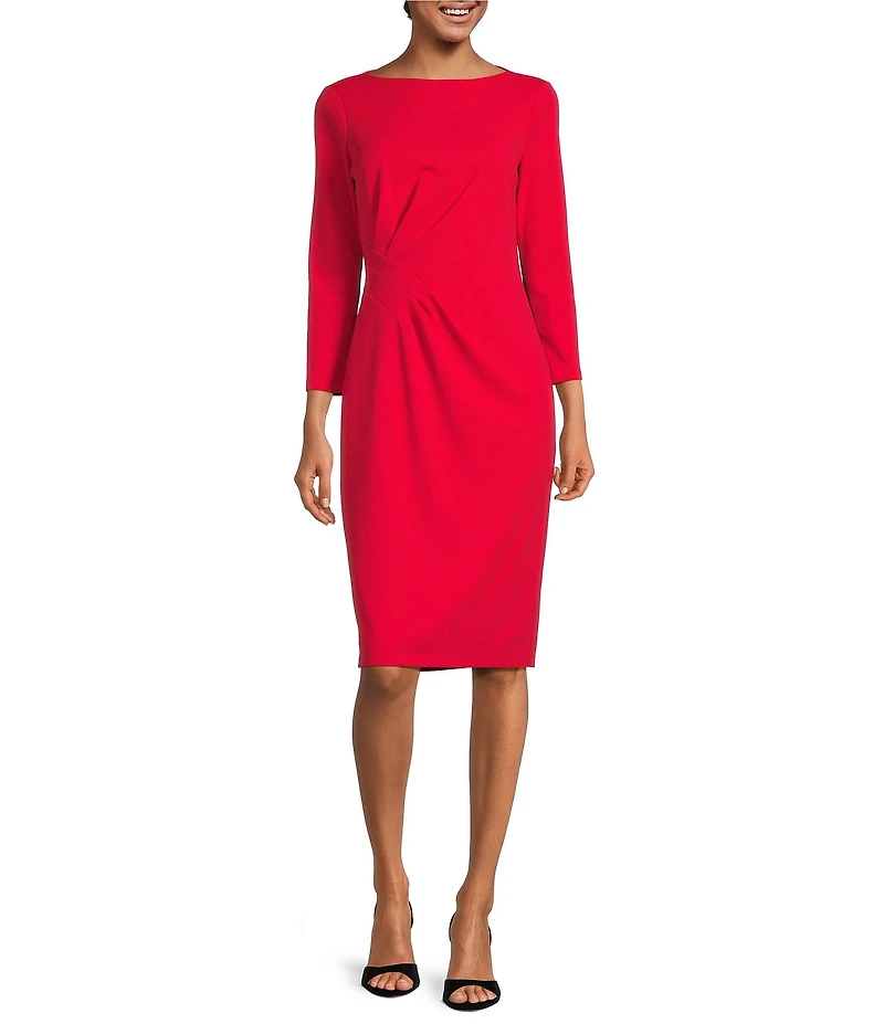 Maggy London Stretch Boat Neck 3/4 Sleeve Pleated Knot Waist Detailed Sheath Dress