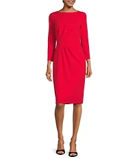 Maggy London Stretch Boat Neck 3/4 Sleeve Pleated Knot Waist Detailed Sheath Dress