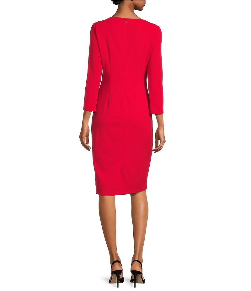 Maggy London Stretch Boat Neck 3/4 Sleeve Pleated Knot Waist Detailed Sheath Dress