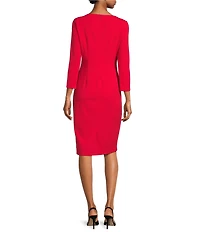 Maggy London Stretch Boat Neck 3/4 Sleeve Pleated Knot Waist Detailed Sheath Dress