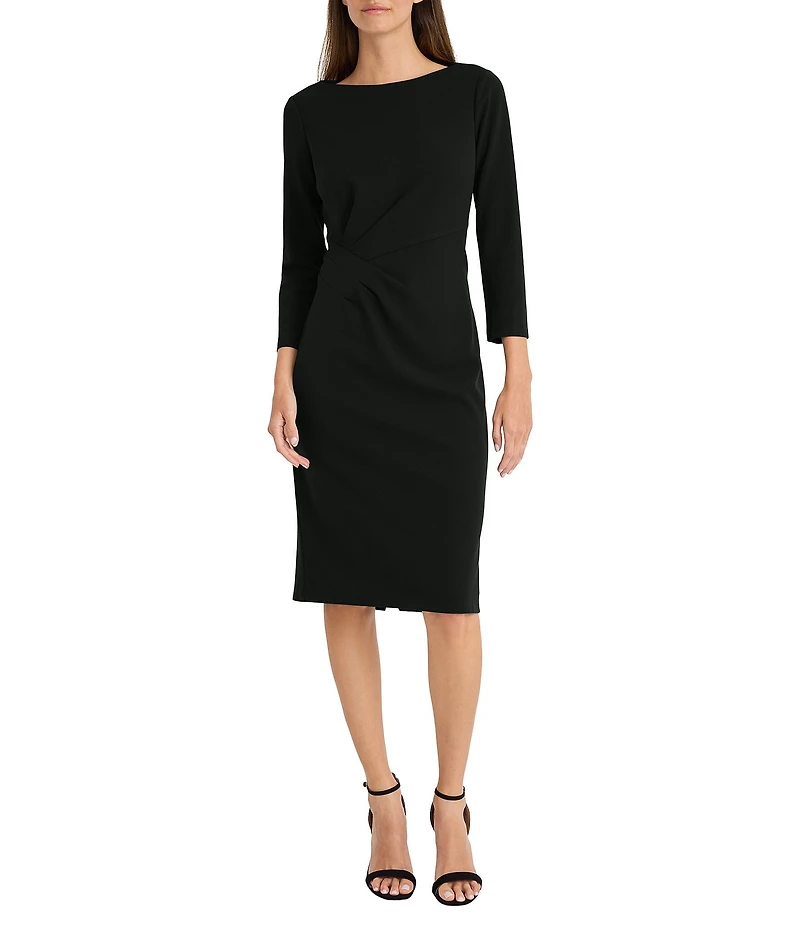 Maggy London Stretch Boat Neck 3/4 Sleeve Pleated Knot Waist Detailed Sheath Dress