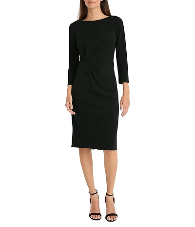 Maggy London Stretch Boat Neck 3/4 Sleeve Pleated Knot Waist Detailed Sheath Dress