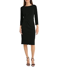 Maggy London Stretch Boat Neck 3/4 Sleeve Pleated Knot Waist Detailed Sheath Dress