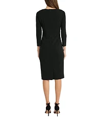 Maggy London Stretch Boat Neck 3/4 Sleeve Pleated Knot Waist Detailed Sheath Dress
