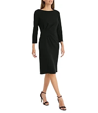 Maggy London Stretch Boat Neck 3/4 Sleeve Pleated Knot Waist Detailed Sheath Dress