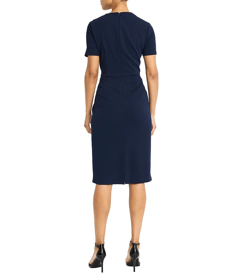 Maggy London Stretch Crepe Twist Crew Neck Short Sleeve Sheath Dress