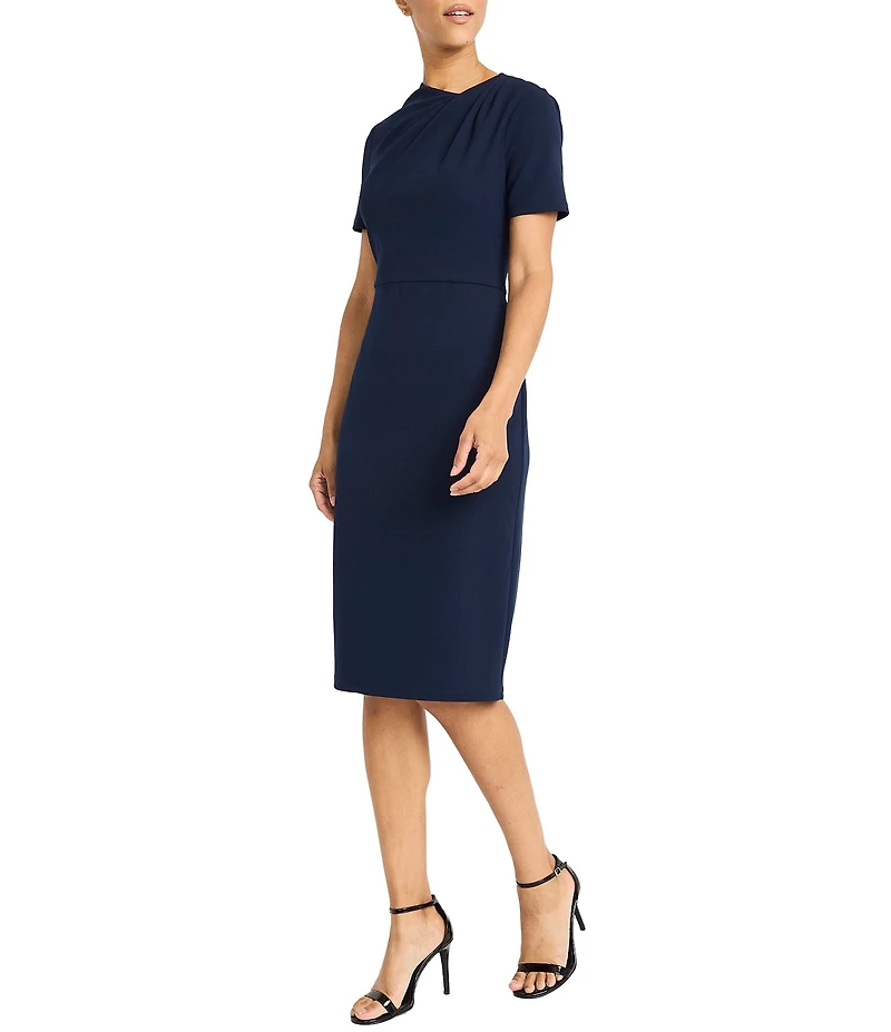 Maggy London Stretch Crepe Twist Crew Neck Short Sleeve Sheath Dress