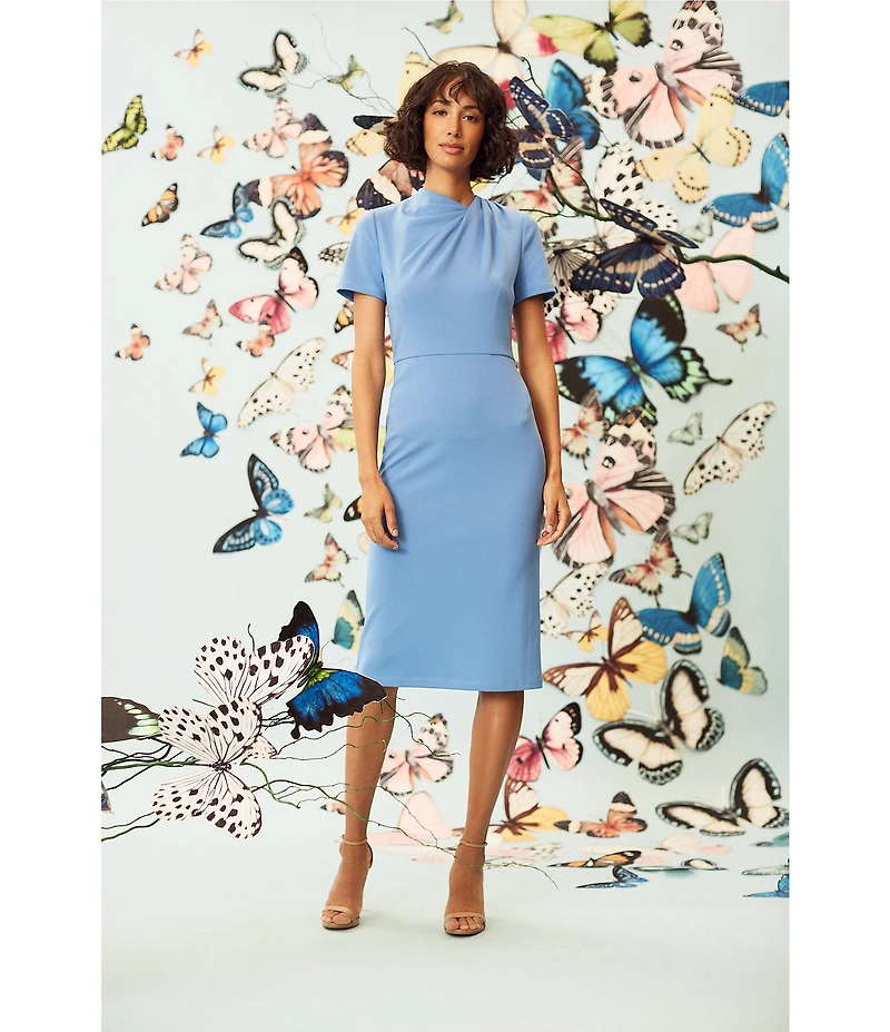 Maggy London Stretch Crepe Twist Crew Neck Short Sleeve Sheath Dress