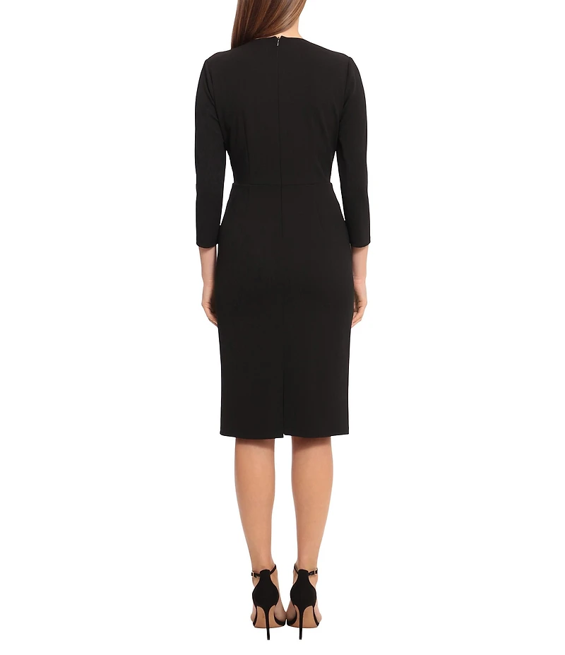 Maggy London Stretch V-Neck 3/4 Sleeve Belted Waist Ruched Sheath Dress