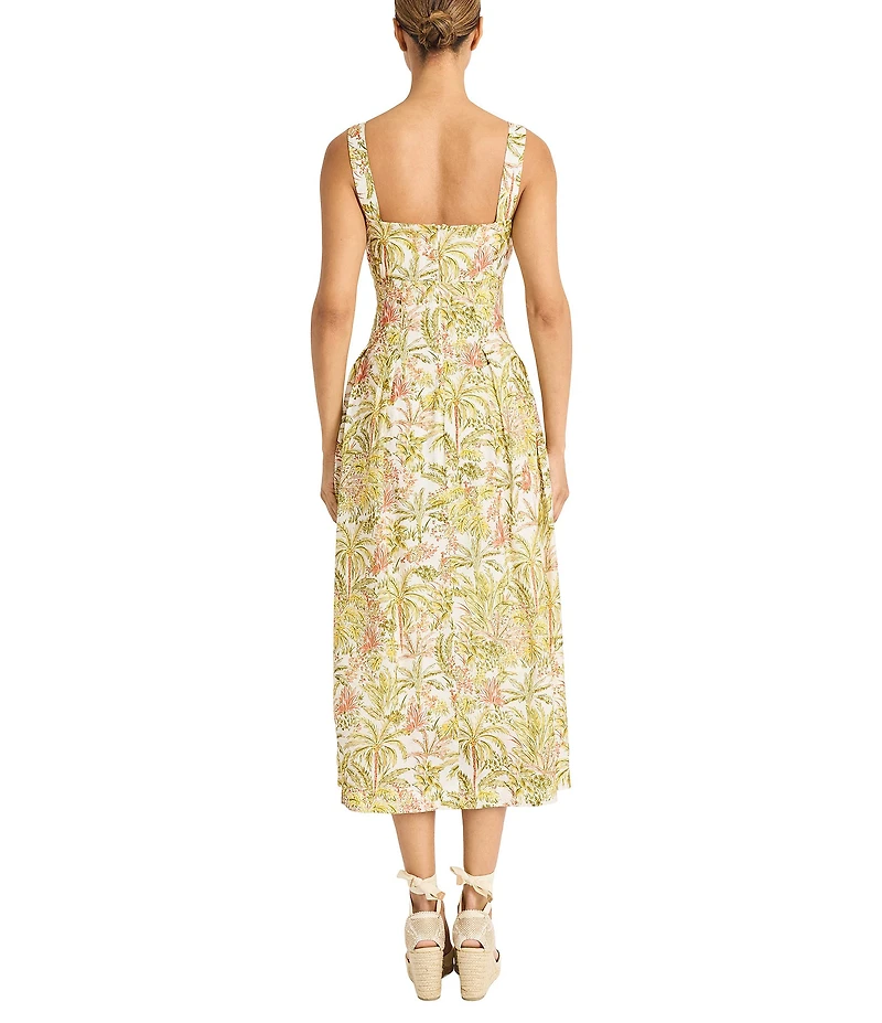 Maggy London Sweetheart Neck Sleeveless Tropical Printed Tricot Drop Waist Midi Dress