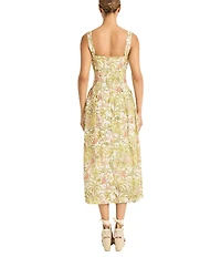 Maggy London Sweetheart Neck Sleeveless Tropical Printed Tricot Drop Waist Midi Dress