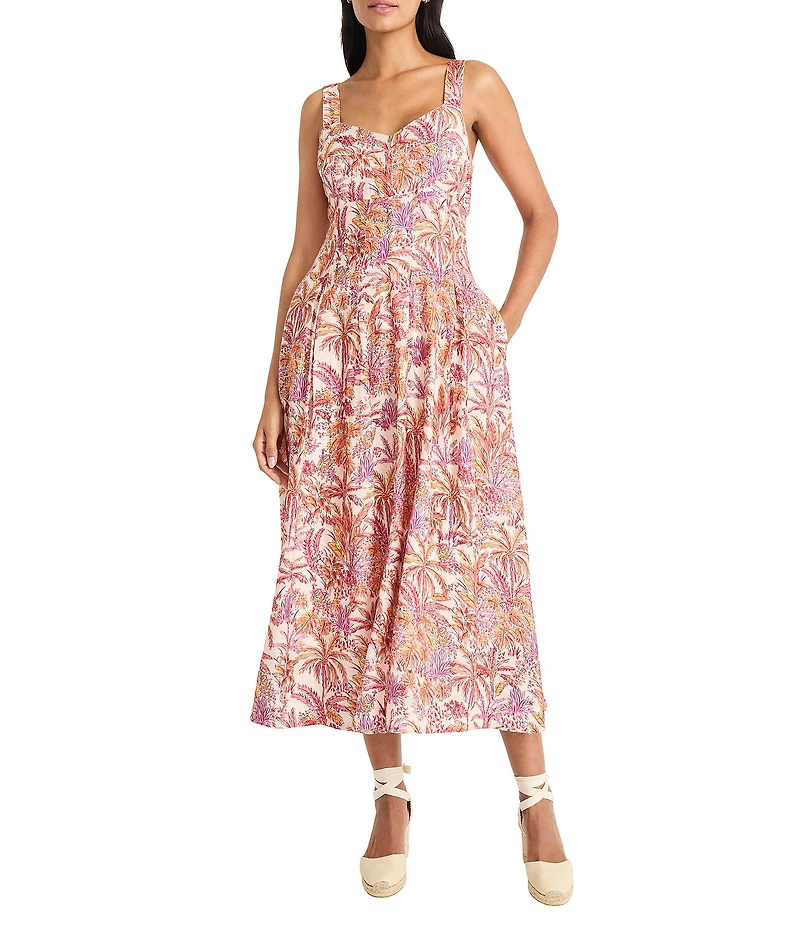 Maggy London Sweetheart Neck Sleeveless Tropical Printed Tricot Drop Waist Midi Dress