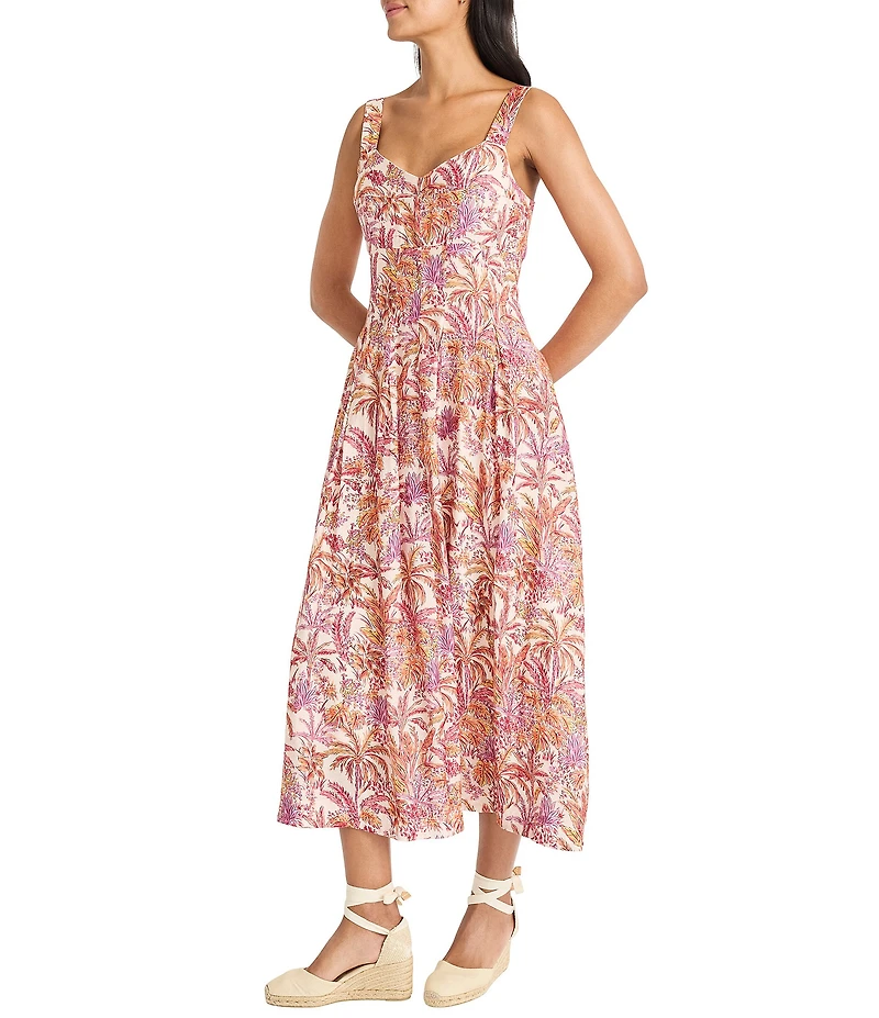 Maggy London Sweetheart Neck Sleeveless Tropical Printed Tricot Drop Waist Midi Dress