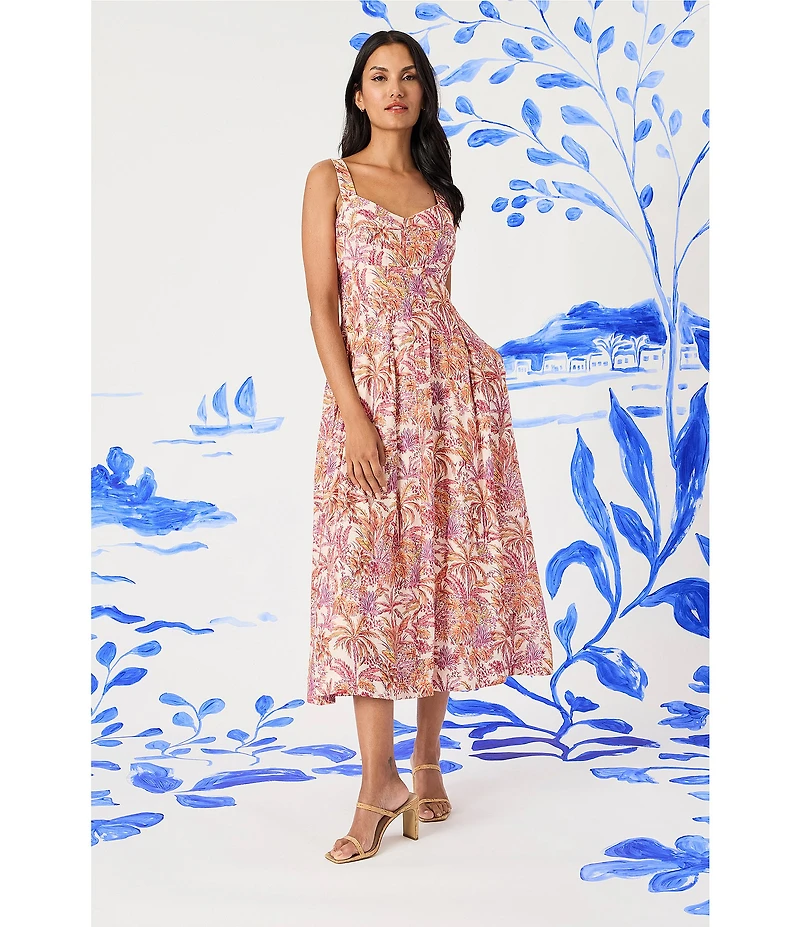 Maggy London Sweetheart Neck Sleeveless Tropical Printed Tricot Drop Waist Midi Dress