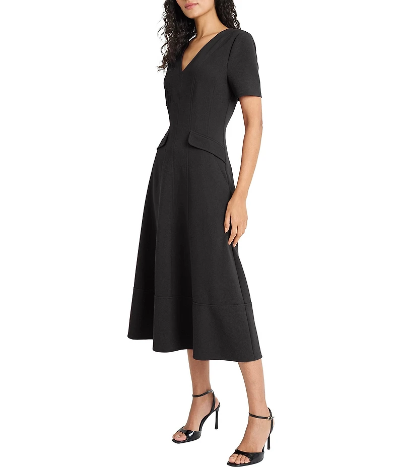 Maggy London Textured Knit V-Neck Short Sleeve Midi Dress
