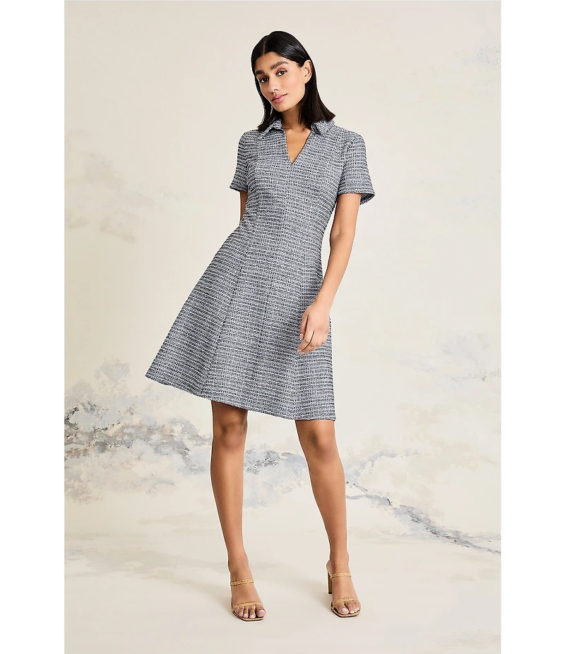 Maggy London Tweed V-Neck Collared Short Sleeve A-Line Dress
