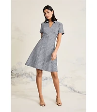 Maggy London Tweed V-Neck Collared Short Sleeve A-Line Dress