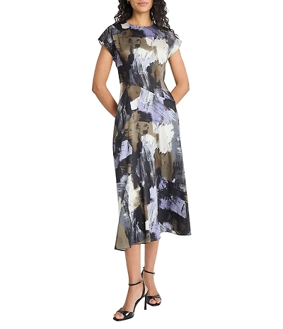 Maggy London Twill Paint Print Cap Sleeve Midi Dress