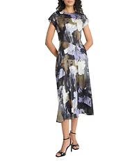 Maggy London Twill Paint Print Cap Sleeve Midi Dress