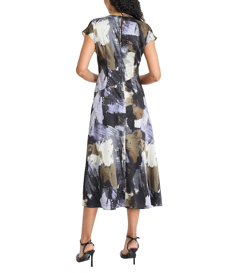 Maggy London Twill Paint Print Cap Sleeve Midi Dress
