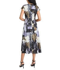 Maggy London Twill Paint Print Cap Sleeve Midi Dress