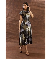 Maggy London Twill Paint Print Cap Sleeve Midi Dress
