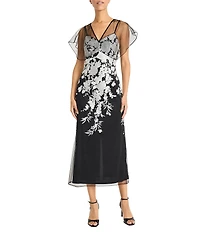 Maggy London V-neck Short Sleeve Floral Sequin Embellished Mesh Sheath Midi Dress