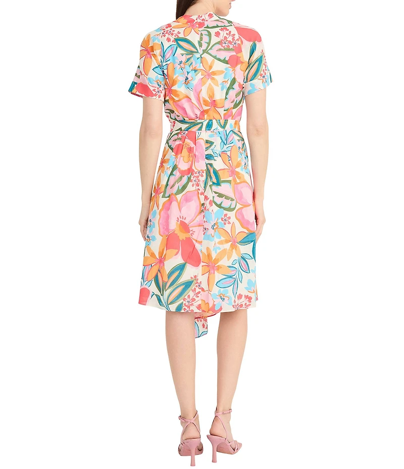 Maggy London V-Neck Short Sleeve Tie Waist Printed Cotton Voile Shirt Midi Dress