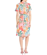 Maggy London V-Neck Short Sleeve Tie Waist Printed Cotton Voile Shirt Midi Dress