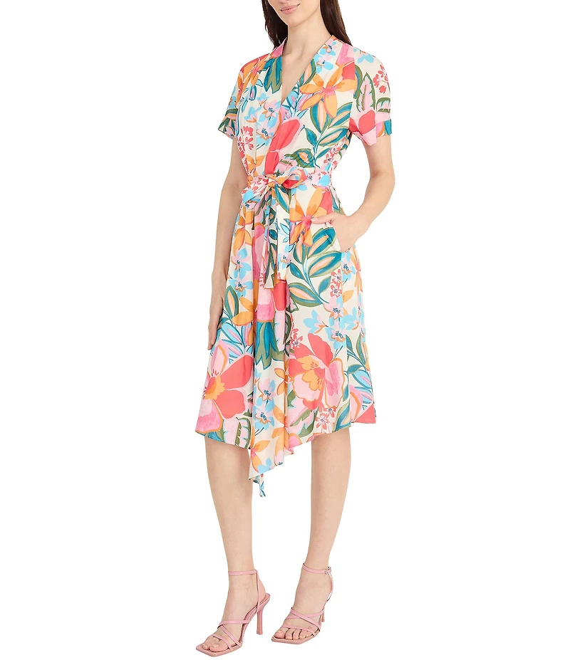 Maggy London V-Neck Short Sleeve Tie Waist Printed Cotton Voile Shirt Midi Dress