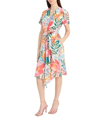 Maggy London V-Neck Short Sleeve Tie Waist Printed Cotton Voile Shirt Midi Dress