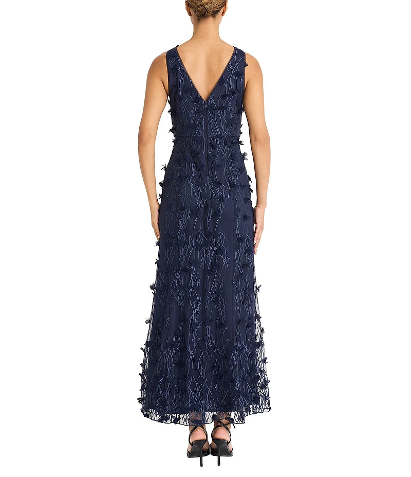 Maggy London V-neck Sleeveless 3D Floral Applique Embroidered Mesh Sheath Gown