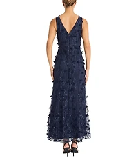 Maggy London V-neck Sleeveless 3D Floral Applique Embroidered Mesh Sheath Gown