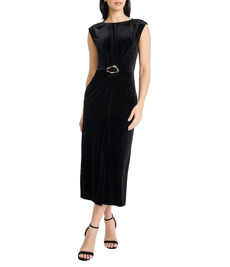 Maggy London Velvet Crew Neck Cap Sleeve Belted Sheath Midi Dress
