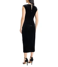Maggy London Velvet Crew Neck Cap Sleeve Belted Sheath Midi Dress