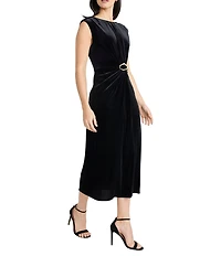 Maggy London Velvet Crew Neck Cap Sleeve Belted Sheath Midi Dress